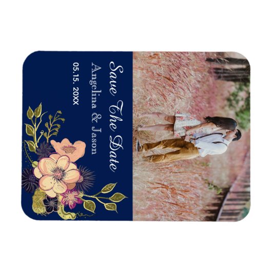 ネイビーブルーフォトウェディングザデイト招待状 マグネット (横)