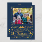 ネイビーブルーフォトクリスマスにゴールドフォイルコラージュ シーズンカード (正面/裏面)