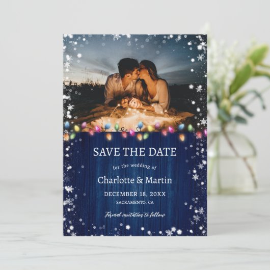 ネイビーブルーフォトクリスマスライトホリデー結婚ズ セーブザデート (スタンド正面)