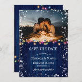 ネイビーブルーフォトクリスマスライトホリデー結婚ズ セーブザデート (正面/裏面)