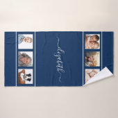 ネイビーブルーフォトコラージモノグラムスクリプト バスタオル (バスタオル)