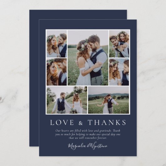 ネイビーブルーフォトコラージュの愛感謝していと結婚のs サンキューカード (正面/裏面)