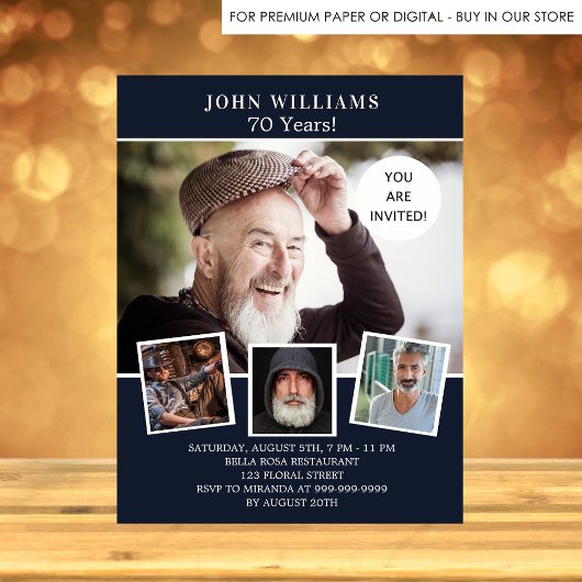 ネイビーブルーフォトコラージュの誕生日の招待状