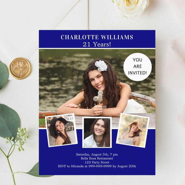 ネイビーブルーフォトコラージュの誕生日の招待状 (クリエイターアップロード済み)