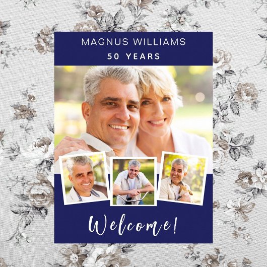 ネイビーブルーフォトコラージュ誕生日パーティーへようこそ ポスター