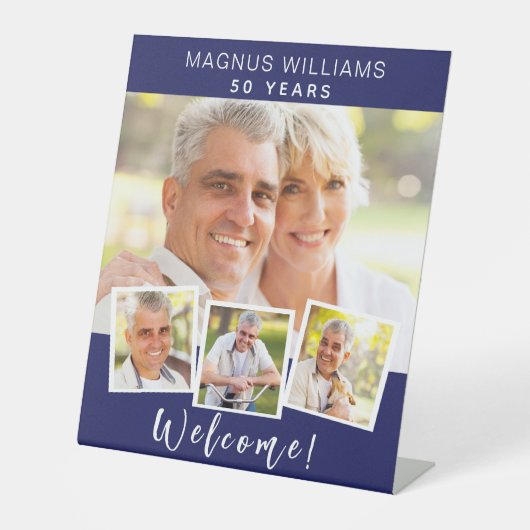 ネイビーブルーフォトコラージュ誕生日パーティーへようこそ 台座サイン (正面)