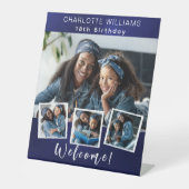 ネイビーブルーフォトコラージュ誕生日パーティーへようこそ 台座サイン (正面)