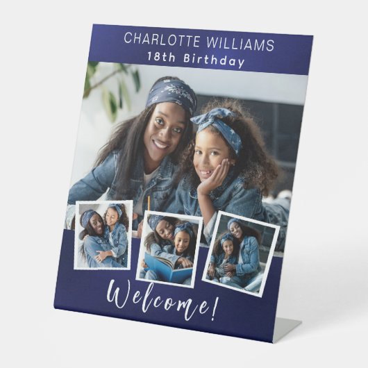 ネイビーブルーフォトコラージュ誕生日パーティーへようこそ 台座サイン (正面)