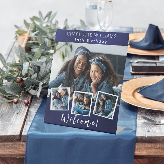 ネイビーブルーフォトコラージュ誕生日パーティーへようこそ 台座サイン