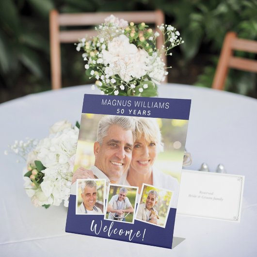 ネイビーブルーフォトコラージュ誕生日パーティーへようこそ 台座サイン