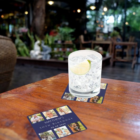 ネイビーブルーフォトコラージュ誕生日パーティー スクエアペーパーコースター