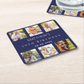 ネイビーブルーフォトコラージュ誕生日パーティー スクエアペーパーコースター (アングル)