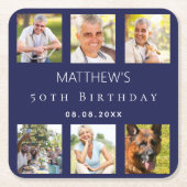 ネイビーブルーフォトコラージュ誕生日パーティー スクエアペーパーコースター (正面)