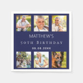 ネイビーブルーフォトコラージュ誕生日パーティー スタンダードカクテルナプキン (正面)