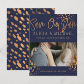 ネイビーブルーフォトフェイクバラゴールドフォイルタイポグラフィ セーブザデート (正面/裏面)