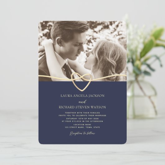 ネイビーブルーフォト結婚式招待状とQRコード 招待状 (スタンド正面)