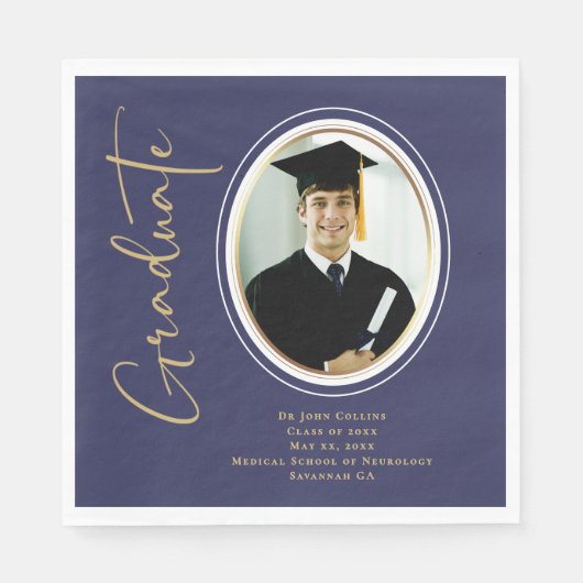 ネイビーブルーフォト金ゴールド卒業スクリプトミニマル スタンダードランチョンナプキン (正面)