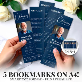 ネイビーブルーフォト2x7" DIY葬儀ブックマークテンプレート