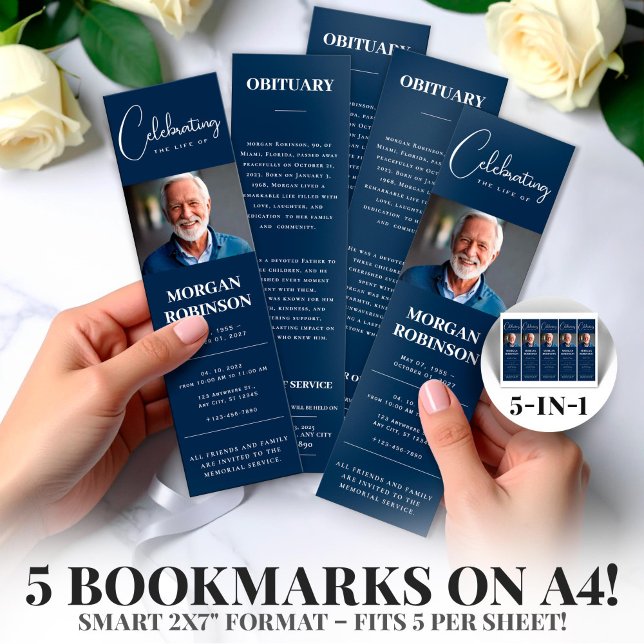 ネイビーブルーフォト2x7" DIY葬儀ブックマークテンプレート (Celebration of Life,Obituary,Photo  Nevy Blue Foto 2x7" DIY Funeral Bookmark Template)