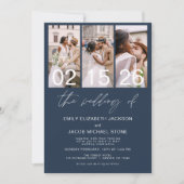 ネイビーブルーフォトQRコード結婚のミニマル主義 招待状 (正面)