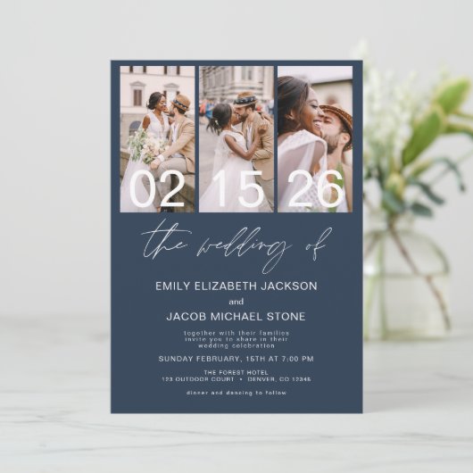 ネイビーブルーフォトQRコード結婚のミニマル主義 招待状 (スタンド正面)