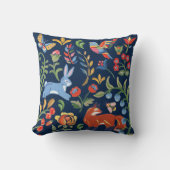 ネイビーブルーフォークアートウッドランドアニマルフローラデコール クッション (正面)