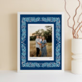 ネイビーブルーフォークアートフローラフレームカスタム文字 ポスター