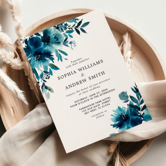 ネイビーブルーフラワーインディゴ結婚フローラ 招待状