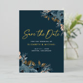 ネイビーブルーフラワーウェディングザデイト招待状 箔招待状 (立ち正面)