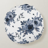 ネイビーブルーフラワーオンホワイトサーキュラー装飾用クッション ラウンドクッション (裏面)