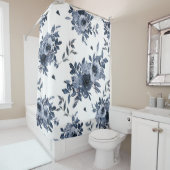 ネイビーブルーフラワーズオンホワイト シャワーカーテン (インサイチュ)