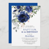 ネイビーブルーフラワーズバプテスマ1歳パーティー 招待状 (正面/裏面)