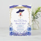 ネイビーブルーフラワーズフィエスタバプテスマと誕生日 招待状 (スタンド正面)