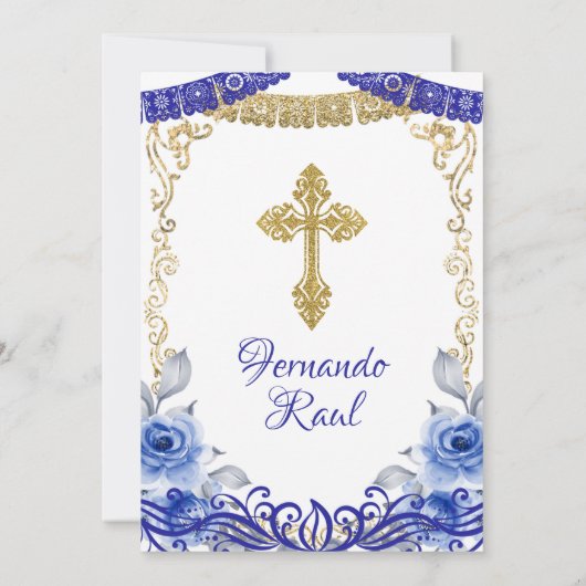 ネイビーブルーフラワーズフィエスタバプテスマと誕生日 招待状 (裏面)