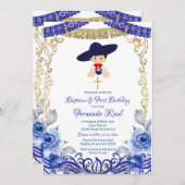 ネイビーブルーフラワーズフィエスタバプテスマと誕生日 招待状 (正面/裏面)
