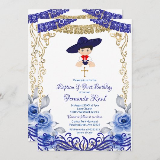 ネイビーブルーフラワーズフィエスタバプテスマと誕生日 招待状 (正面/裏面)