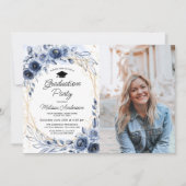ネイビーブルーフラワーズ卒業パーティー写真 招待状 (正面)