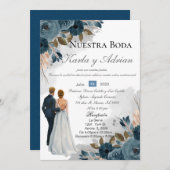 ネイビーブルーフラワーズ結婚式招待状 招待状 (正面/裏面)