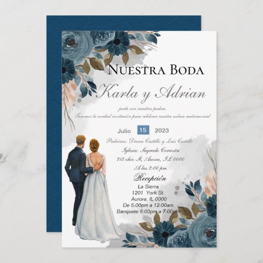 ネイビーブルーフラワーズ結婚式招待状 招待状 (正面/裏面)