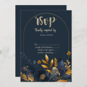 ネイビーブルーフラワーズ離れ金ゴールドRSVP 招待状 (正面/裏面)