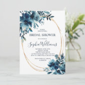 ネイビーブルーフラワーズ&金ゴールドフレームブライダルシャワー 招待状 (スタンド正面)