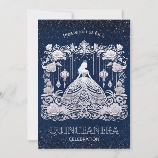 ネイビーブルーフラワープリンセスドレスキンセアニェラ 招待状 (正面)