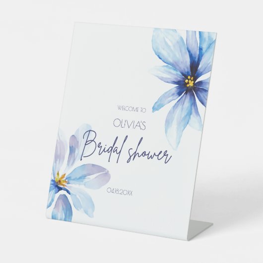 ネイビーブルーフラワーミニマリストブライダルシャワーウェルカム 台座サイン (正面)