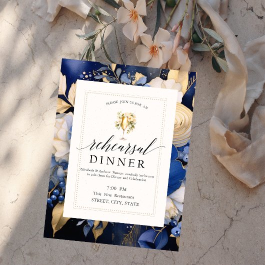 ネイビーブルーフラワーワイン試飲リハーサルディナー 招待状