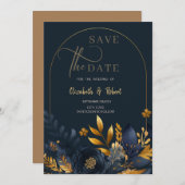 ネイビーブルーフラワー離れズ金ゴールドフラット日付を保存 セーブザデート (正面/裏面)