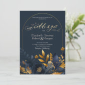 ネイビーブルーフラワー離れズ金ゴールド結婚ズ 招待状 (スタンド正面)