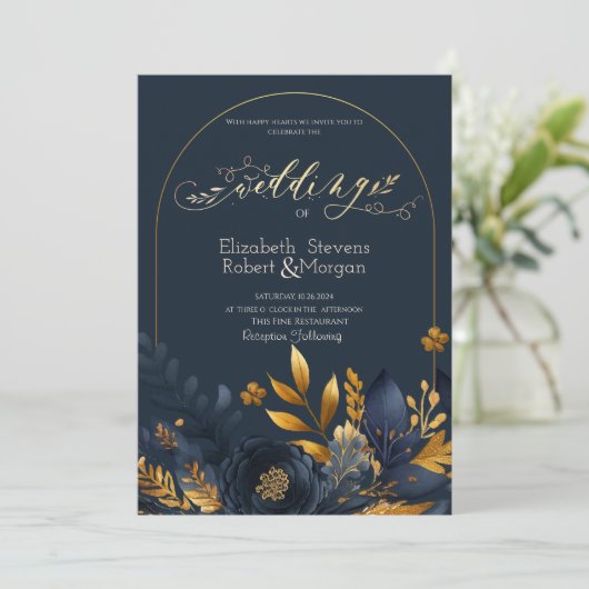 ネイビーブルーフラワー離れズ金ゴールド結婚ズ 招待状 (スタンド正面)