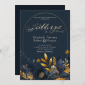 ネイビーブルーフラワー離れズ金ゴールド結婚ズ 招待状 (正面/裏面)