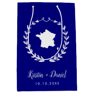 ネイビーブルーフランスマップ結婚のウェルカムスワッグ ミディアムペーパーバッグ