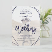ネイビーブルーフレームシンプルフォトスクリプ結婚ト 招待状 (スタンド正面)